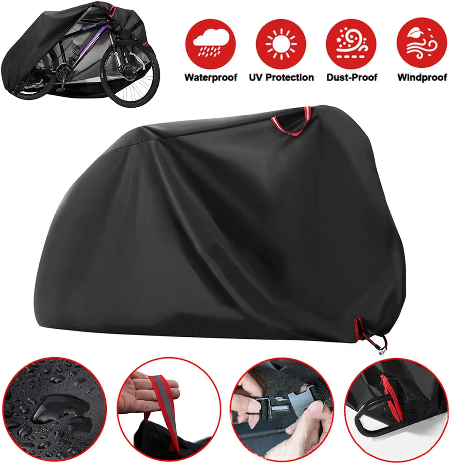 Bike Cover for Outside Storage, 210D Outdoor Waterproof Bicycle Covers Rain Sun UV Dust Proof with Lock Hole, Ideal for Mountain Road Electric Bike,Black,190X65X98cm