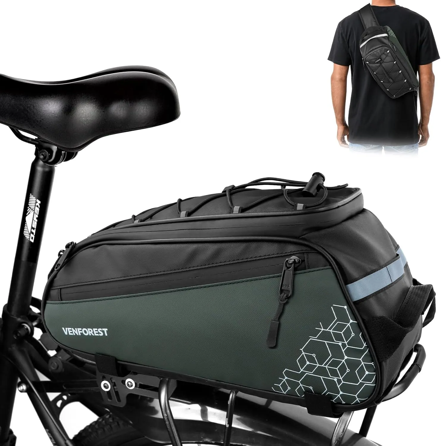 Bike Rear Rack Bag,9L PVC Waterproof Bike Trunk Bag for Road and Mountain Bikes,Bicycle Rear Seat Bag with Rain Cover Bike Saddle Bag for Cycling Trip (Brown green)