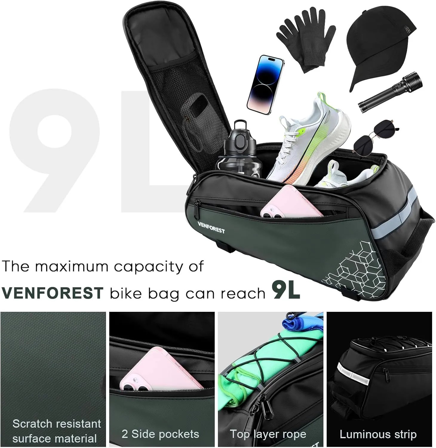 Bike Rear Rack Bag,9L PVC Waterproof Bike Trunk Bag for Road and Mountain Bikes,Bicycle Rear Seat Bag with Rain Cover Bike Saddle Bag for Cycling Trip (Brown green)