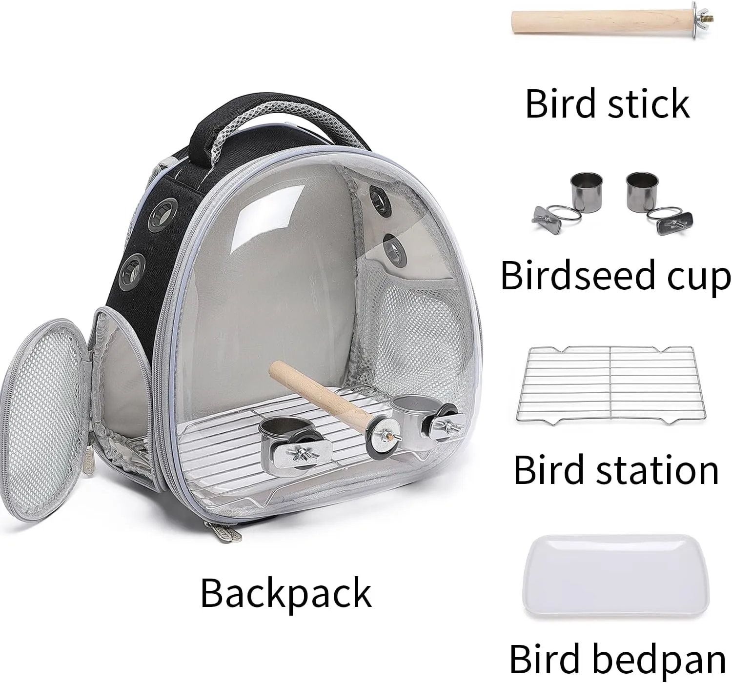 Bird Carrier Cage, Pet Travel Carrier Backpack with Standing Perch,Parrot Cockatiel Carrier Bag, Food Bowl for Lovebirds Conures Parakeet Budgie Canary & Small Animal (Accessories Black)