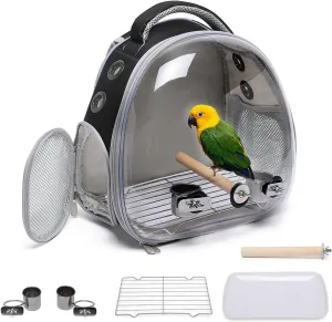 Bird Carrier Cage, Pet Travel Carrier Backpack with Standing Perch,Parrot Cockatiel Carrier Bag, Food Bowl for Lovebirds Conures Parakeet Budgie Canary & Small Animal (Accessories Black)