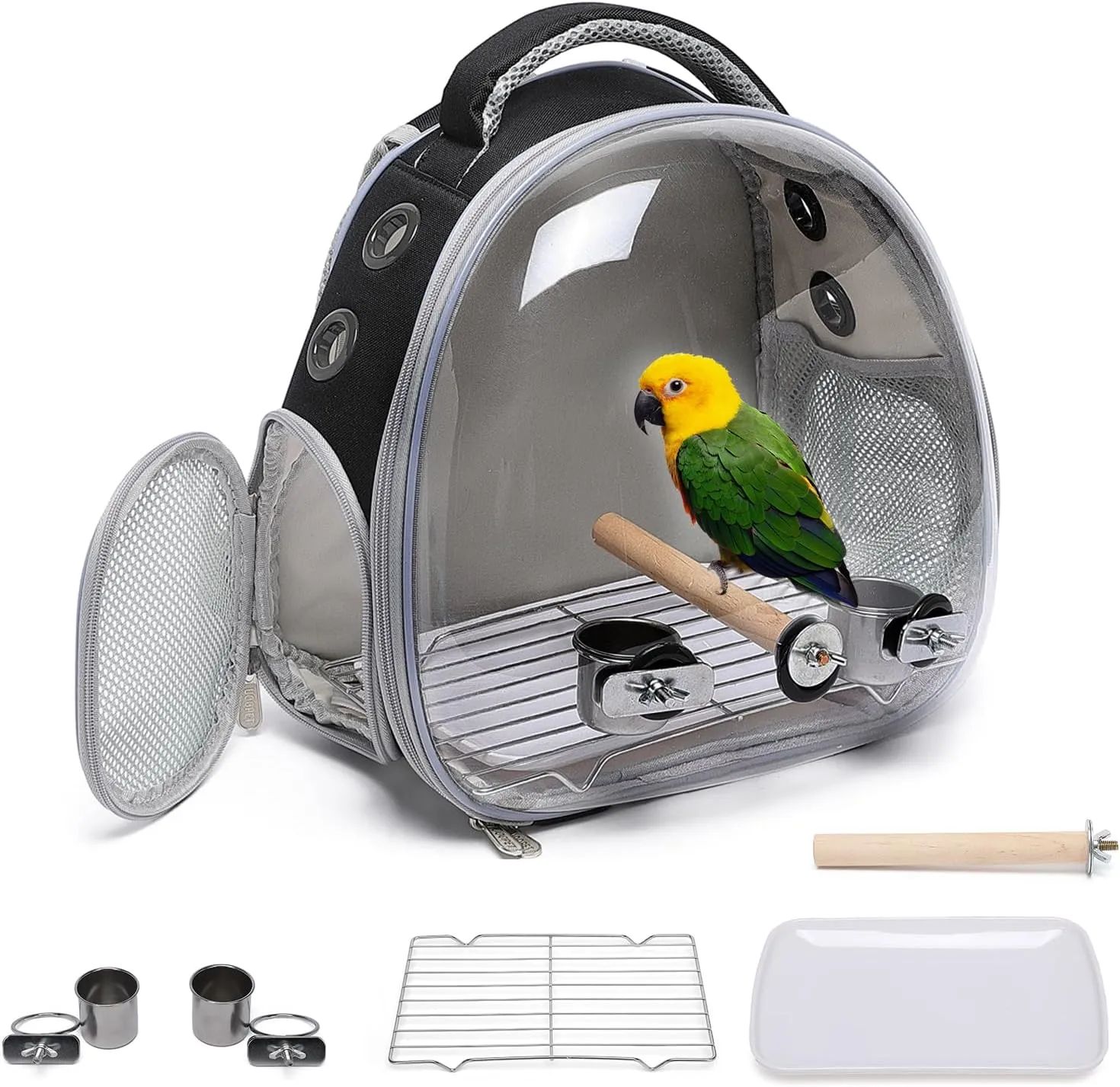 Bird Carrier Cage, Pet Travel Carrier Backpack with Standing Perch,Parrot Cockatiel Carrier Bag, Food Bowl for Lovebirds Conures Parakeet Budgie Canary & Small Animal (Accessories Black)