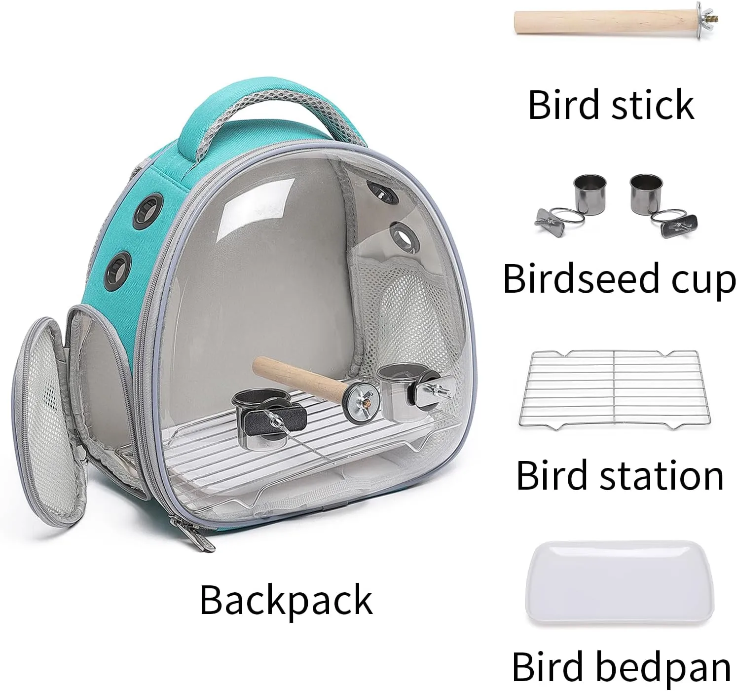 Bird Carrier Cage, Pet Travel Carrier Backpack with Standing Perch,Parrot Cockatiel Carrier Bag, Food Bowl for Lovebirds Conures Parakeet Budgie Canary & Small Animal(Green Accessories)