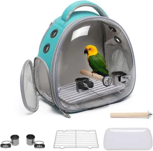 Bird Carrier Cage, Pet Travel Carrier Backpack with Standing Perch,Parrot Cockatiel Carrier Bag, Food Bowl for Lovebirds Conures Parakeet Budgie Canary & Small Animal(Green Accessories)