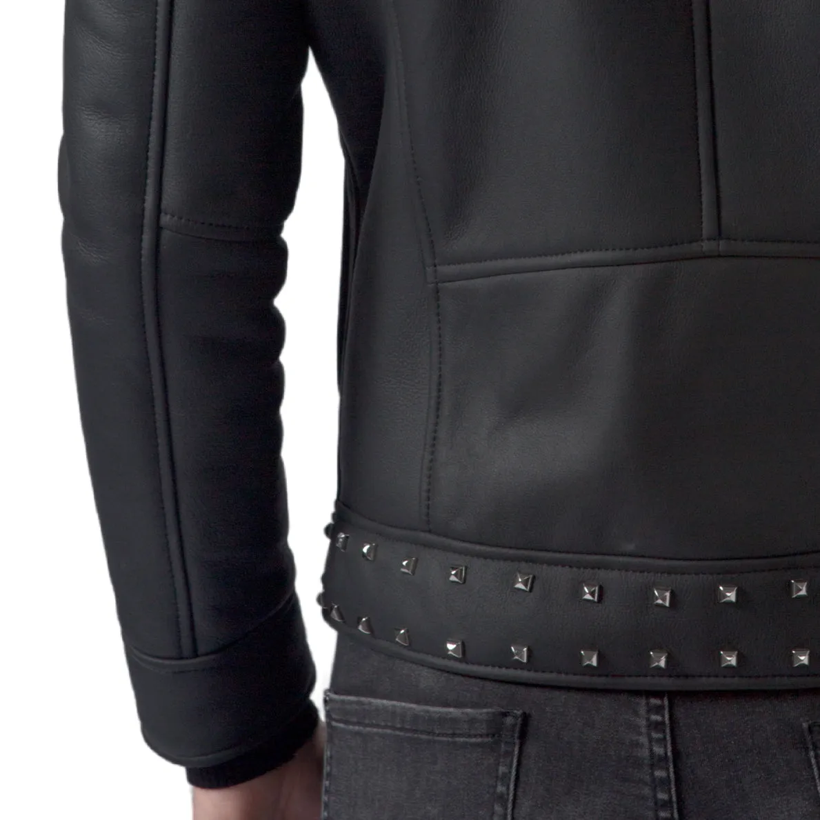 Black Biker Studded Real Shearling Sheepskin Leather Jacket