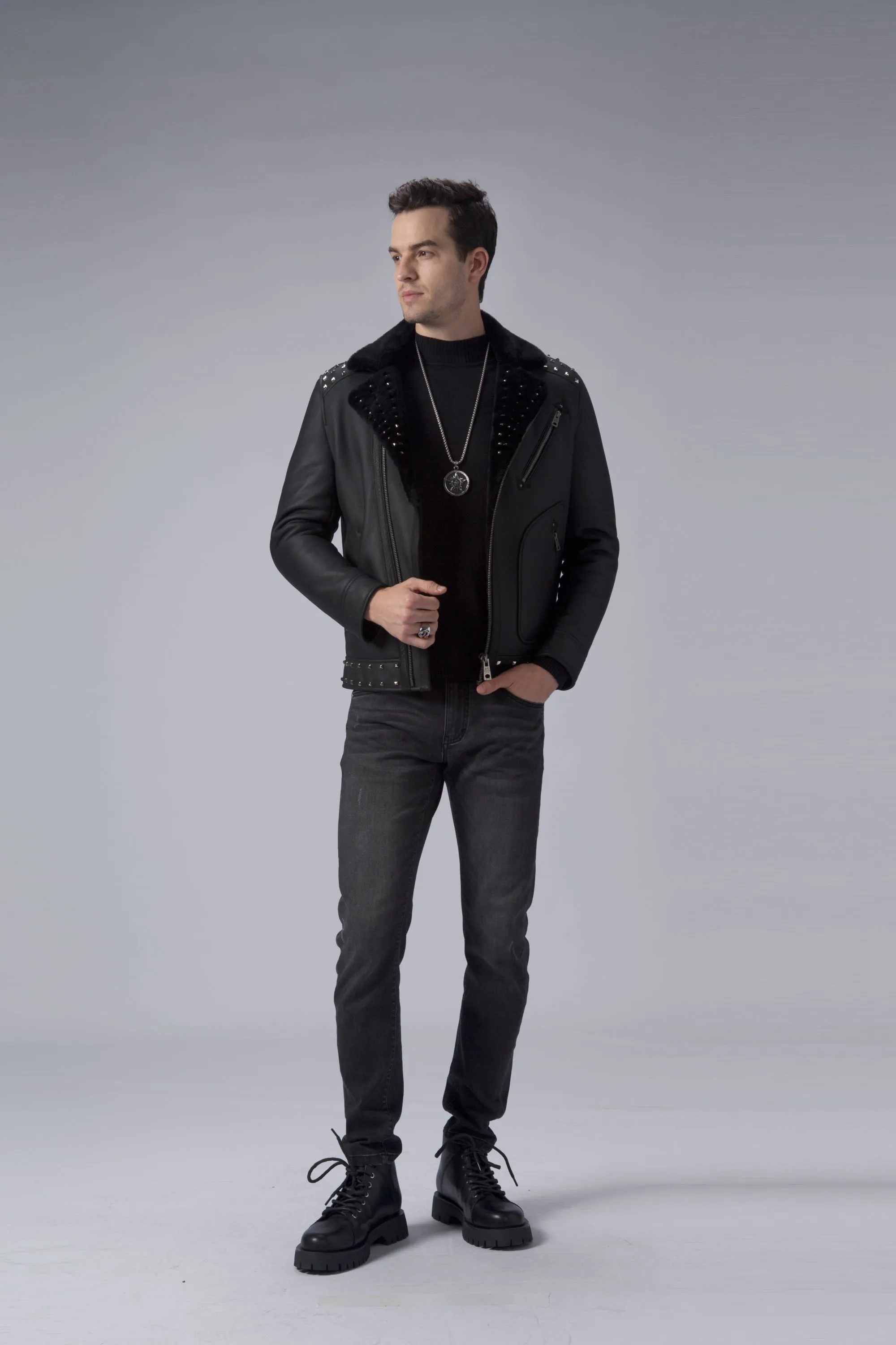 Black Biker Studded Real Shearling Sheepskin Leather Jacket
