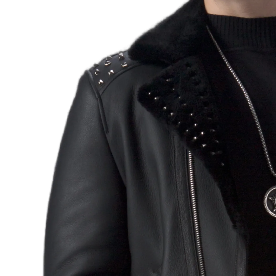 Black Biker Studded Real Shearling Sheepskin Leather Jacket