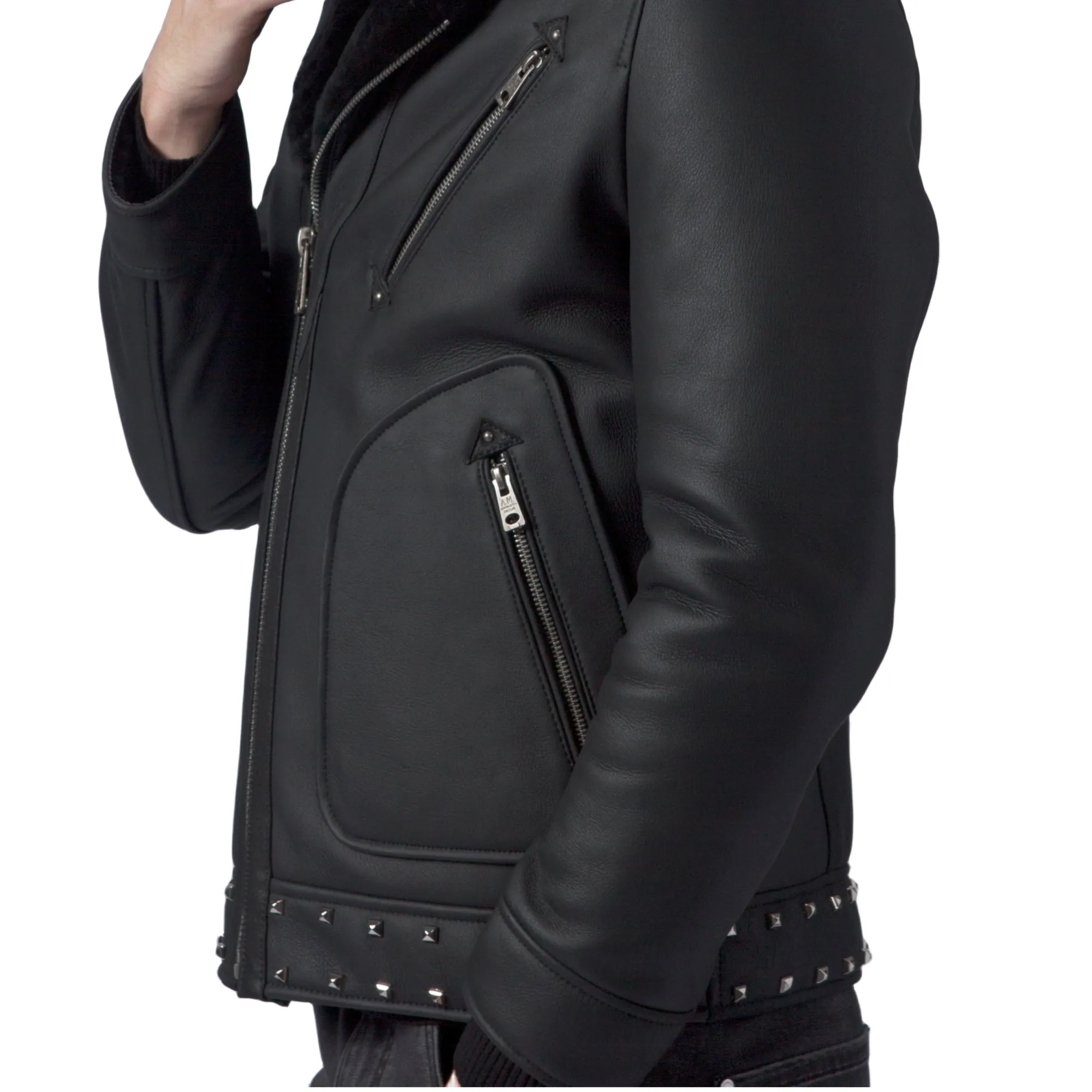 Black Biker Studded Real Shearling Sheepskin Leather Jacket