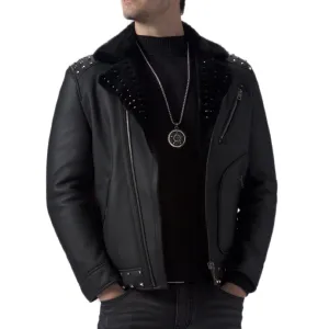 Black Biker Studded Real Shearling Sheepskin Leather Jacket