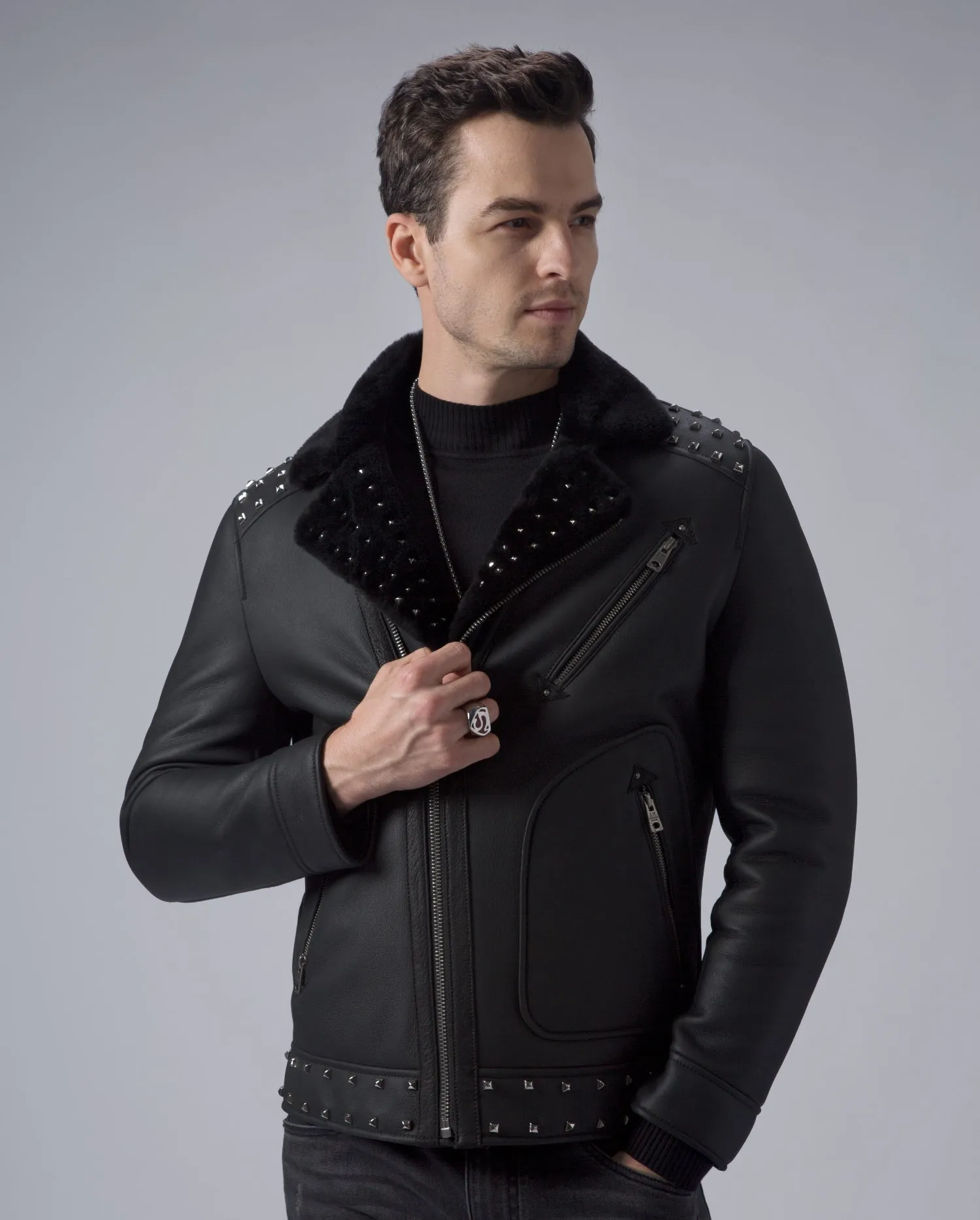 Black Biker Studded Real Shearling Sheepskin Leather Jacket
