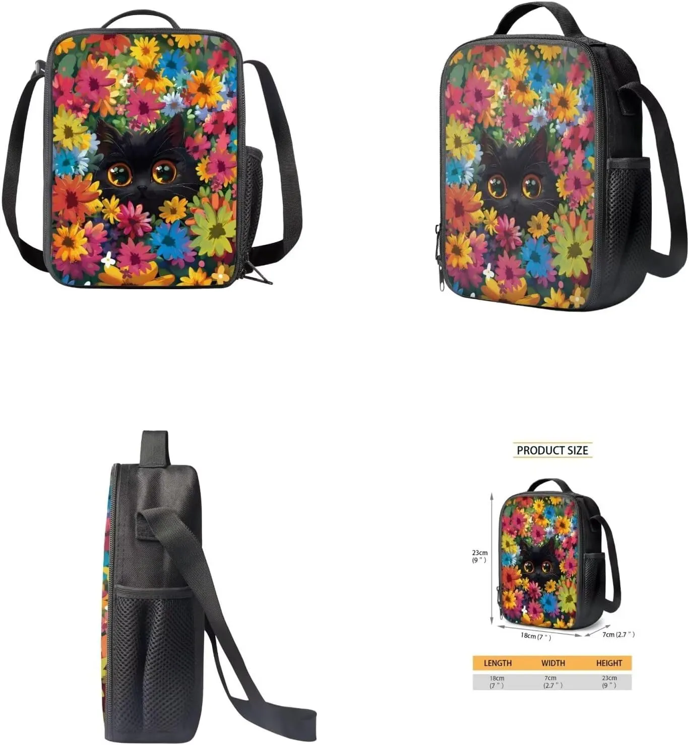 Black Cat Bookbag and Lunch Box Set for Girls Boys Middle-School Primary School Bag Bookbag with Water Bottle Holder Back To School Backpack Set Brightly Colored and Patterned