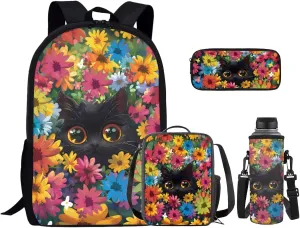 Black Cat Bookbag and Lunch Box Set for Girls Boys Middle-School Primary School Bag Bookbag with Water Bottle Holder Back To School Backpack Set Brightly Colored and Patterned