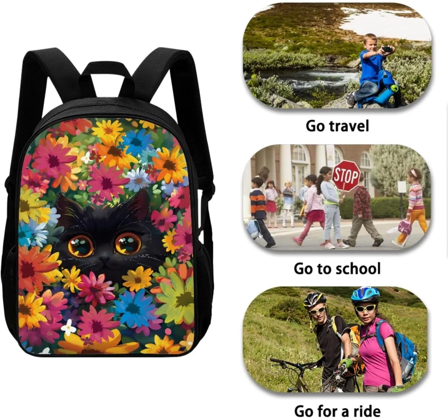 Black Cat Bookbag and Lunch Box Set for Girls Boys Middle-School Primary School Bag Bookbag with Water Bottle Holder Back To School Backpack Set Brightly Colored and Patterned