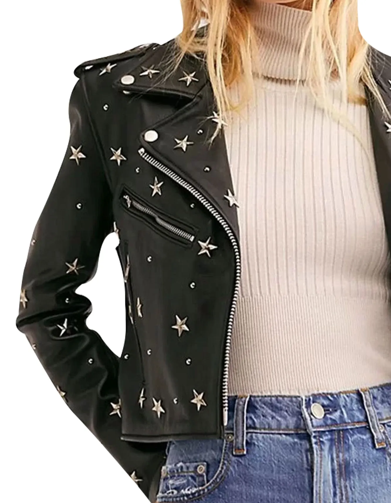 Black Leather Cropped Studded Jacket