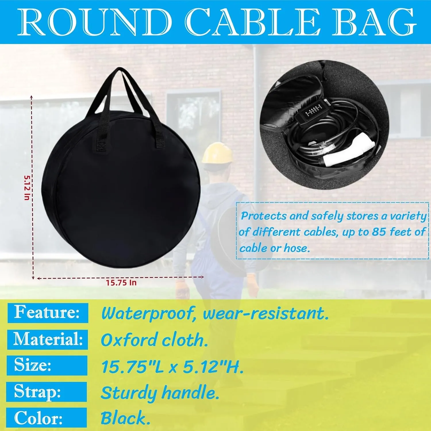 BLIRITEL Round Cable Bag, Waterproof Jumper Cable Organizer Storage Bag, Perfect for Jumper Cables,RV Sewer Pipe,EV Charging Cord Storage,Extensions and Garden Hoses,Camper Accessories (Black)