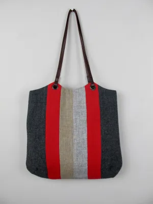 Blockwork Tote Bag - red, straw, grey stripe I