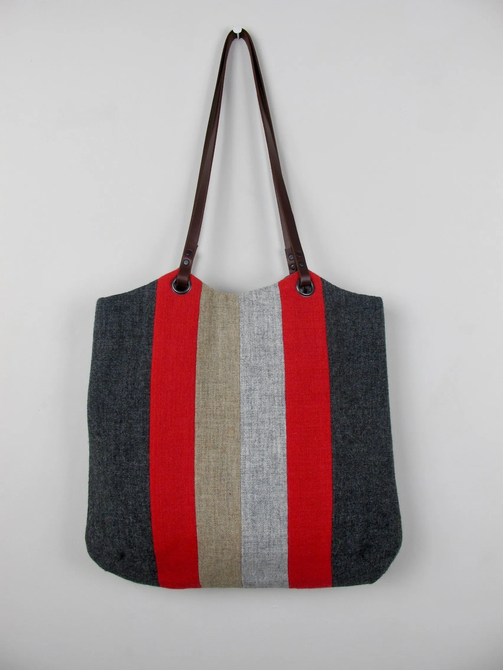 Blockwork Tote Bag - red, straw, grey stripe I