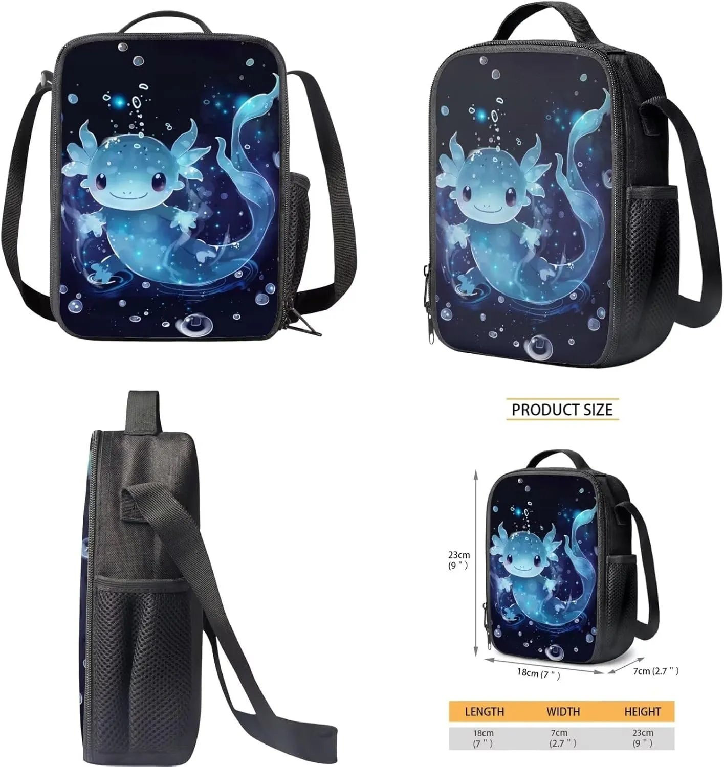Blue Axolotl Backpack with Lunch Box for Girls 6-8/8-10/10-12 Salamander Kids Bookbags for 5th Grade Girls Elementary School Book Bag Lunchbox Pencil Case 3 in 1 Schoolbag Student Back Pack