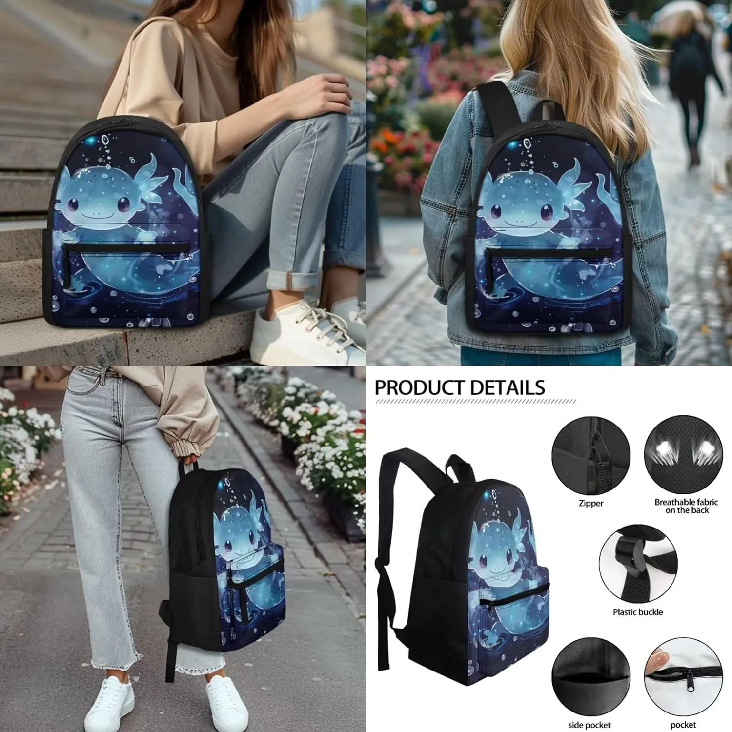 Blue Axolotl Backpack with Lunch Box for Girls 6-8/8-10/10-12 Salamander Kids Bookbags for 5th Grade Girls Elementary School Book Bag Lunchbox Pencil Case 3 in 1 Schoolbag Student Back Pack