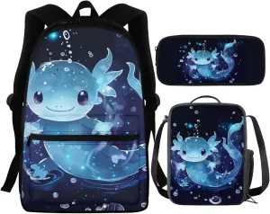 Blue Axolotl Backpack with Lunch Box for Girls 6-8/8-10/10-12 Salamander Kids Bookbags for 5th Grade Girls Elementary School Book Bag Lunchbox Pencil Case 3 in 1 Schoolbag Student Back Pack
