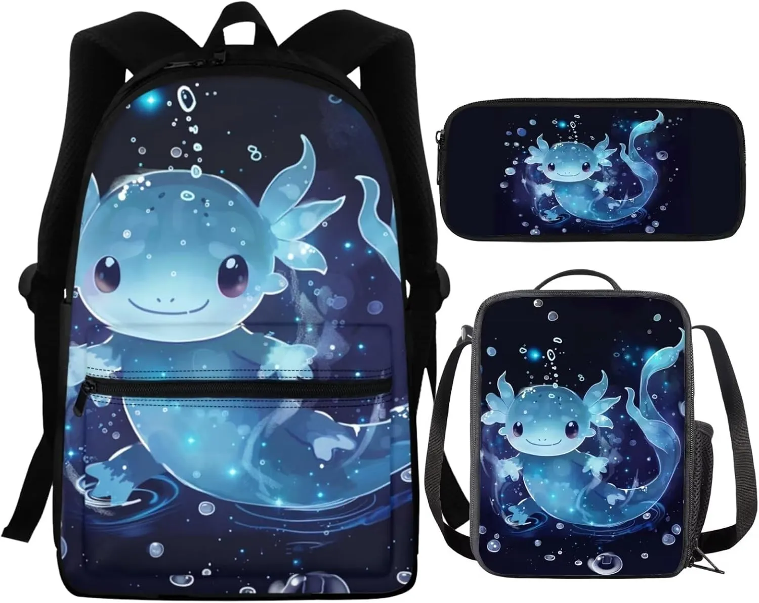 Blue Axolotl Backpack with Lunch Box for Girls 6-8/8-10/10-12 Salamander Kids Bookbags for 5th Grade Girls Elementary School Book Bag Lunchbox Pencil Case 3 in 1 Schoolbag Student Back Pack