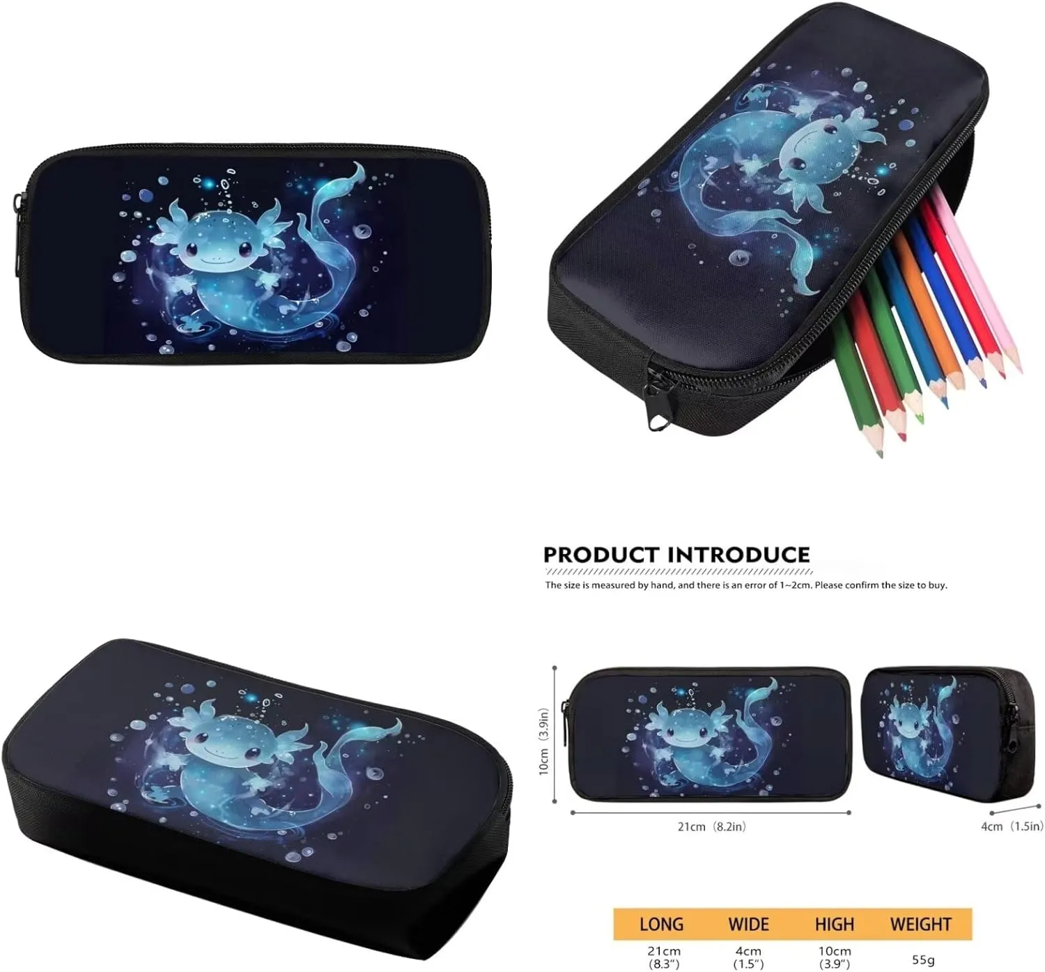 Blue Axolotl Backpack with Lunch Box for Girls 6-8/8-10/10-12 Salamander Kids Bookbags for 5th Grade Girls Elementary School Book Bag Lunchbox Pencil Case 3 in 1 Schoolbag Student Back Pack