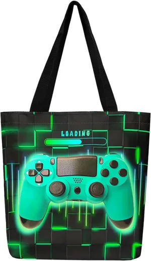 Blue Gaming Canvas Tote Bag for Women,Gamer Foldable Handbag,Neon Lights Abstract Geometry Travel Shopping Bag