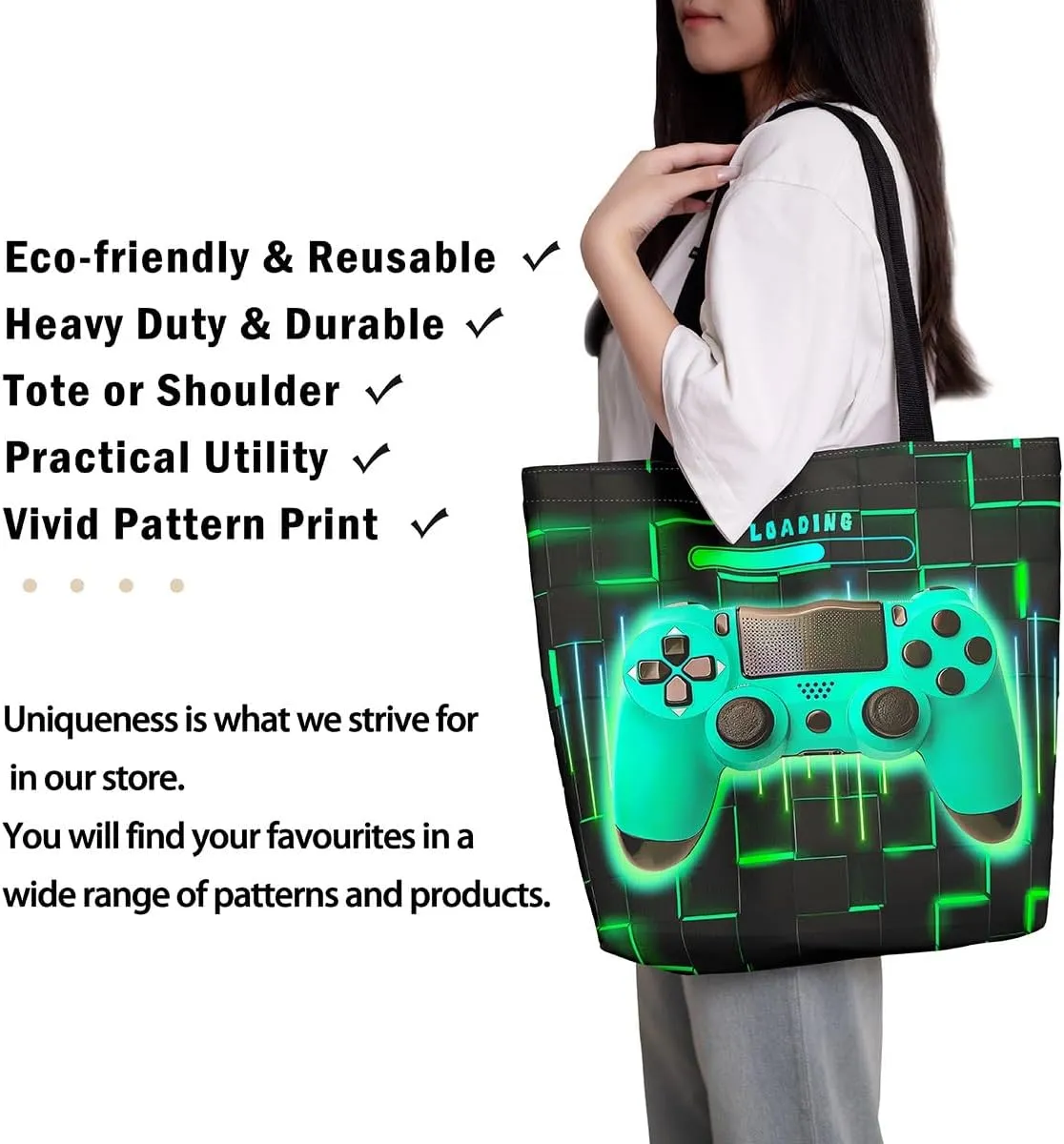 Blue Gaming Canvas Tote Bag for Women,Gamer Foldable Handbag,Neon Lights Abstract Geometry Travel Shopping Bag