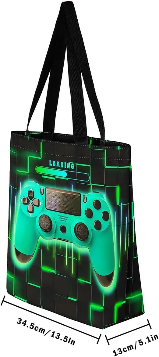 Blue Gaming Canvas Tote Bag for Women,Gamer Foldable Handbag,Neon Lights Abstract Geometry Travel Shopping Bag
