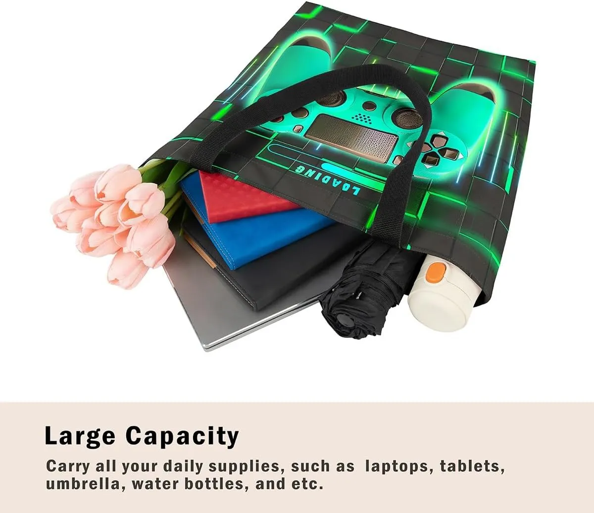 Blue Gaming Canvas Tote Bag for Women,Gamer Foldable Handbag,Neon Lights Abstract Geometry Travel Shopping Bag