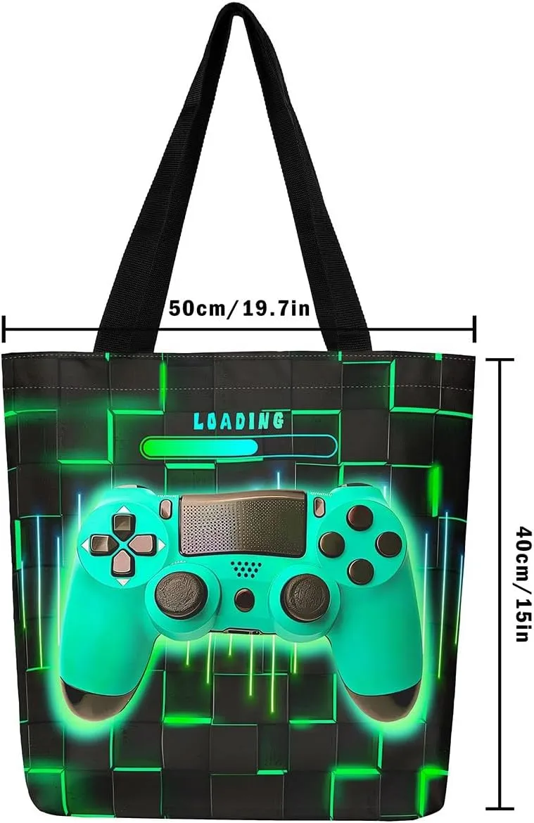 Blue Gaming Canvas Tote Bag for Women,Gamer Foldable Handbag,Neon Lights Abstract Geometry Travel Shopping Bag