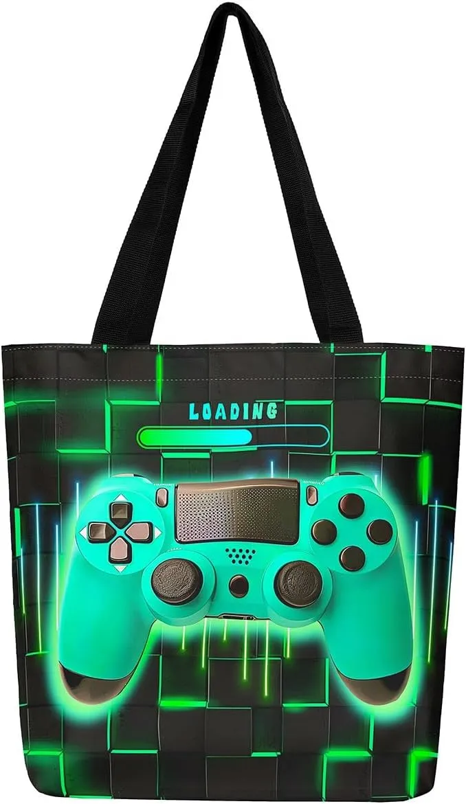 Blue Gaming Canvas Tote Bag for Women,Gamer Foldable Handbag,Neon Lights Abstract Geometry Travel Shopping Bag