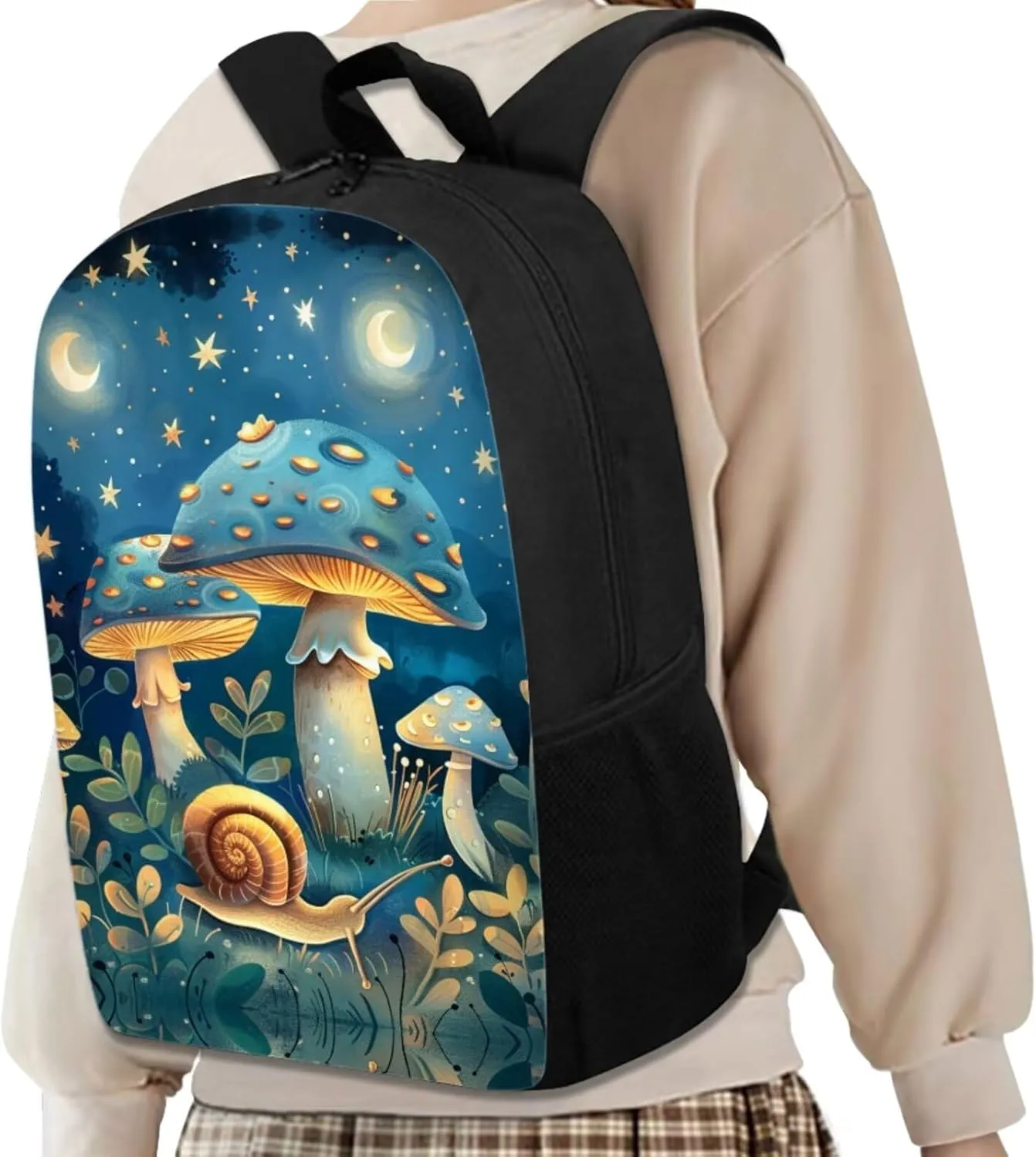 Blue Mushroom Girls Small Backpack 17" School Bag with Front Zip Pocket Stylish Bookbags Lunch Bag Set with Water Bottle Holder Elementary School 4Pcs School Bags Made of Polyester Fabric