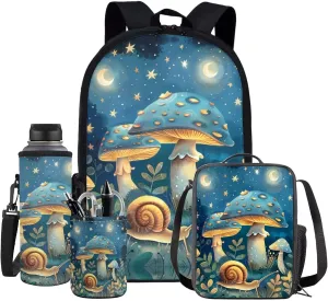 Blue Mushroom Girls Small Backpack 17" School Bag with Front Zip Pocket Stylish Bookbags Lunch Bag Set with Water Bottle Holder Elementary School 4Pcs School Bags Made of Polyester Fabric