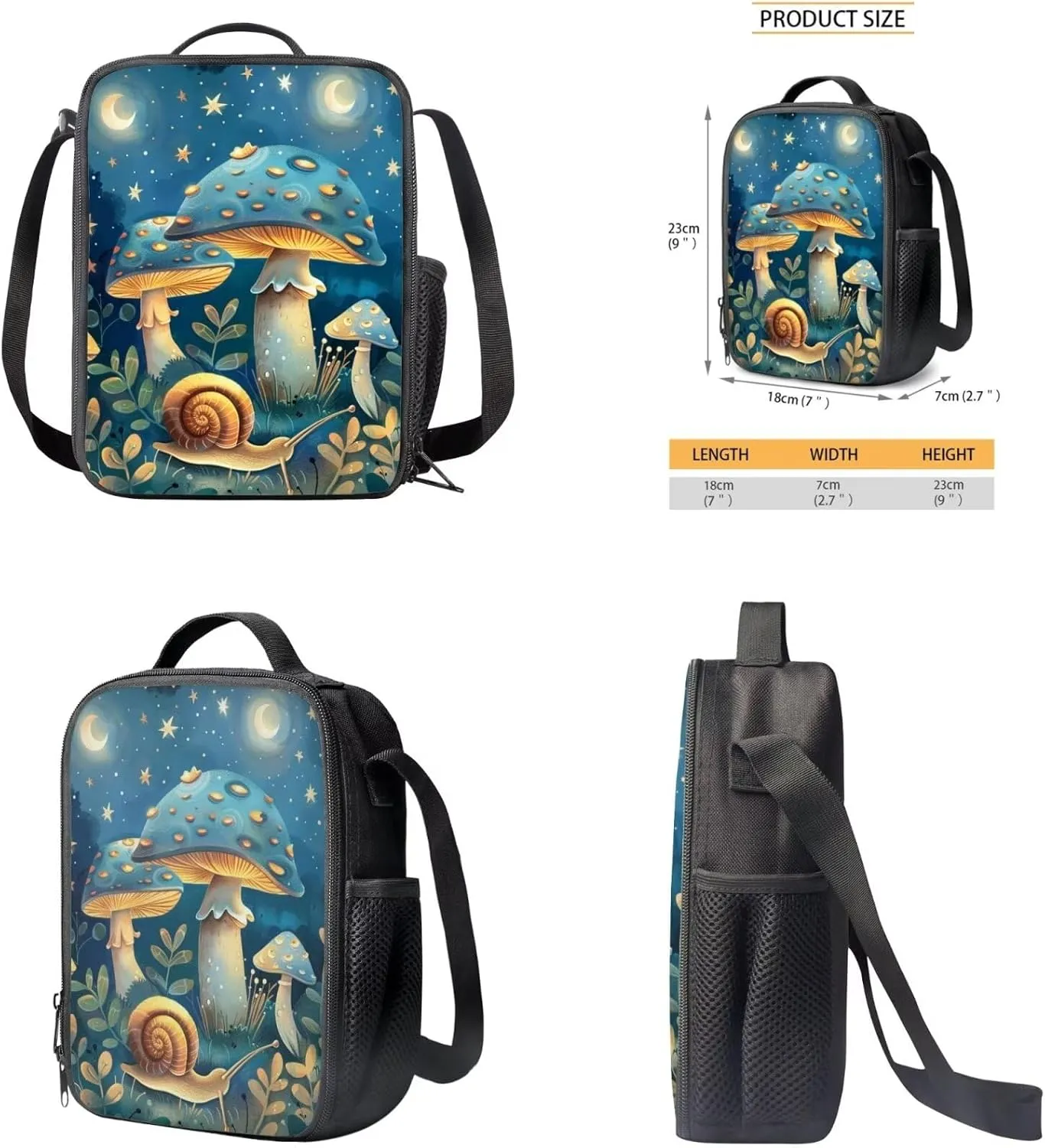 Blue Mushroom Girls Small Backpack 17" School Bag with Front Zip Pocket Stylish Bookbags Lunch Bag Set with Water Bottle Holder Elementary School 4Pcs School Bags Made of Polyester Fabric