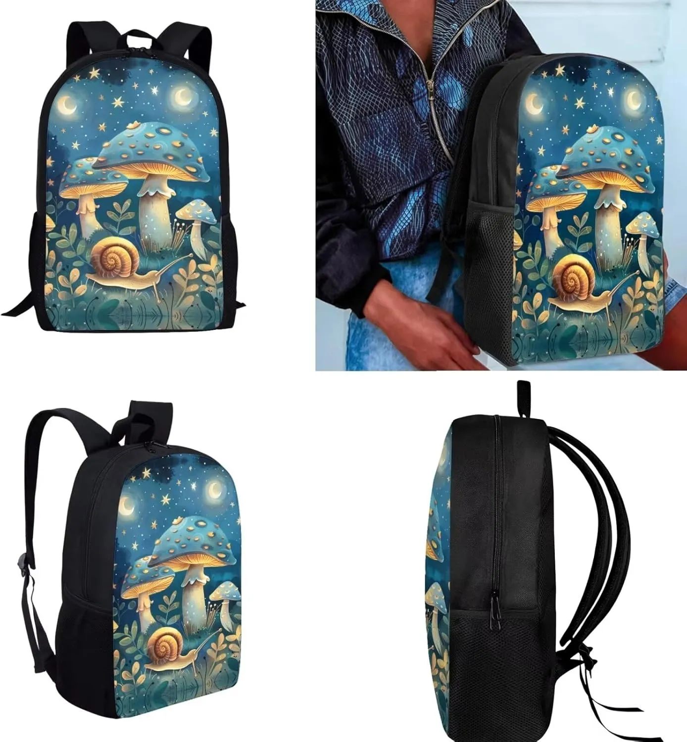 Blue Mushroom Girls Small Backpack 17" School Bag with Front Zip Pocket Stylish Bookbags Lunch Bag Set with Water Bottle Holder Elementary School 4Pcs School Bags Made of Polyester Fabric