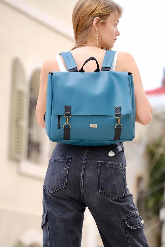 Blue Turquoise Vegan Leather Large 'Jaffa' Backpack/Side Bag
