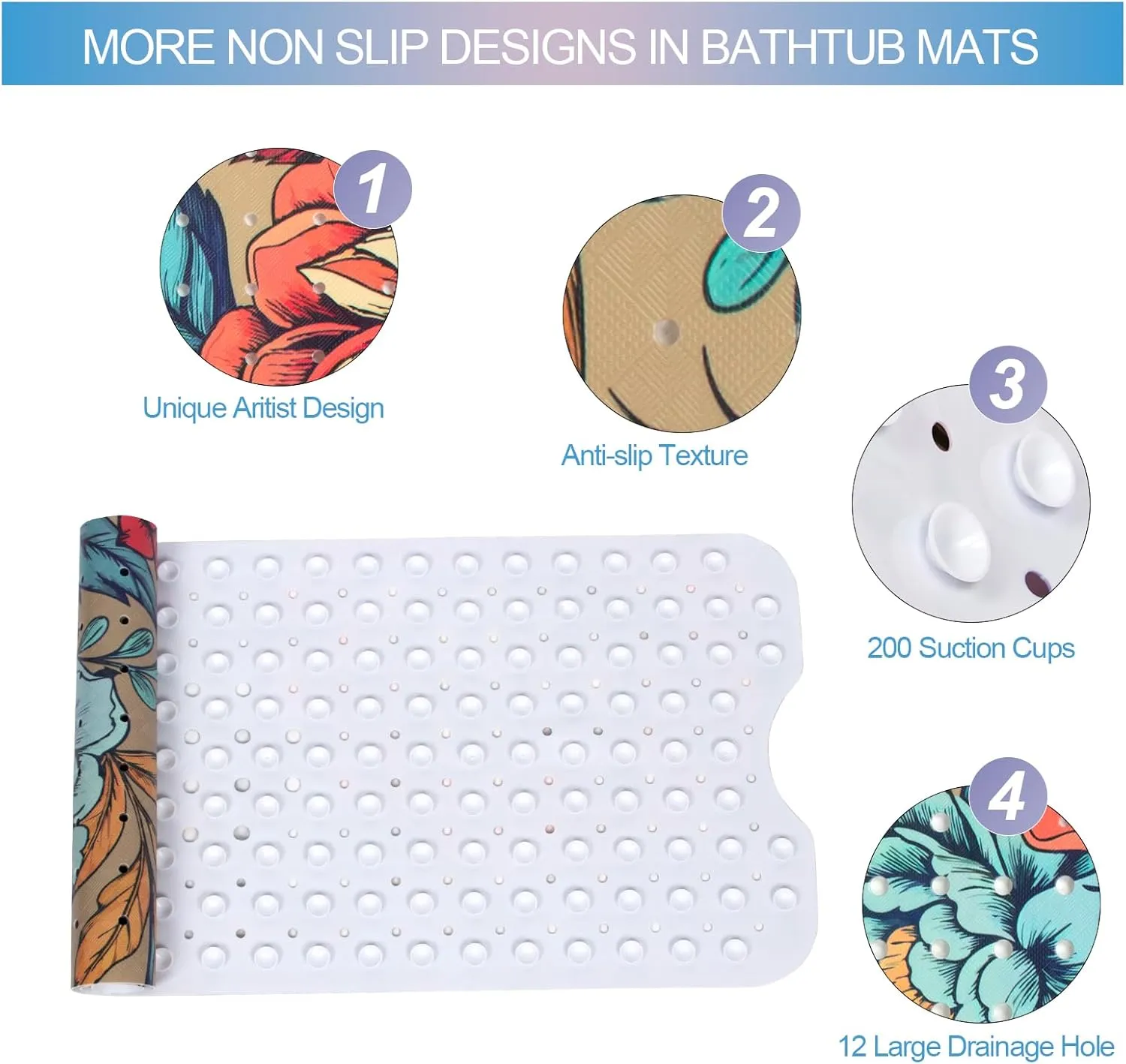 Bohemia Floral Bathtub Mat Non Slip for Kids 40x16in Extra Long Anti Slip Bath Mat for Tub Abstract Bath Shower Mat with Large Drain Holes and Suction Cups Quality Honeycomb Design Bathroom Decor