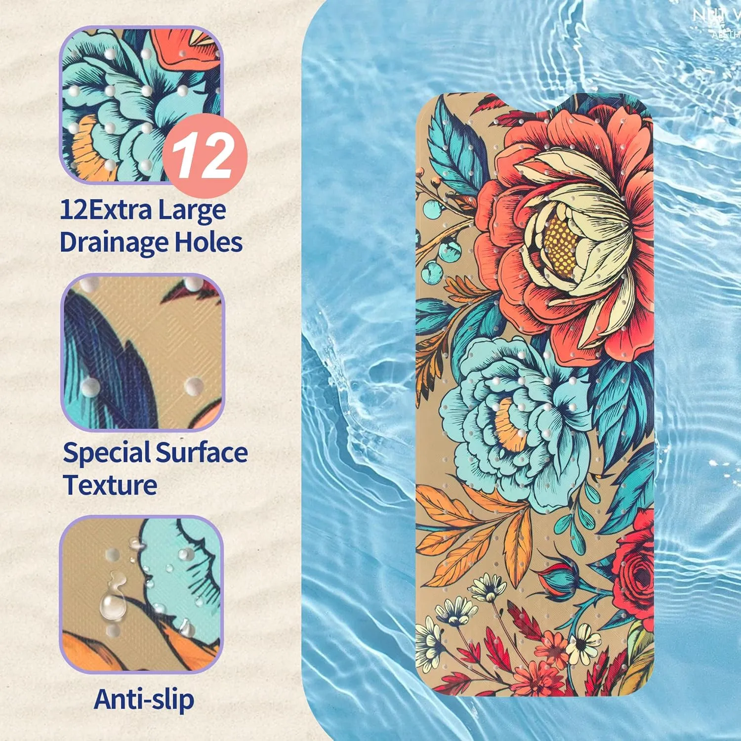 Bohemia Floral Bathtub Mat Non Slip for Kids 40x16in Extra Long Anti Slip Bath Mat for Tub Abstract Bath Shower Mat with Large Drain Holes and Suction Cups Quality Honeycomb Design Bathroom Decor