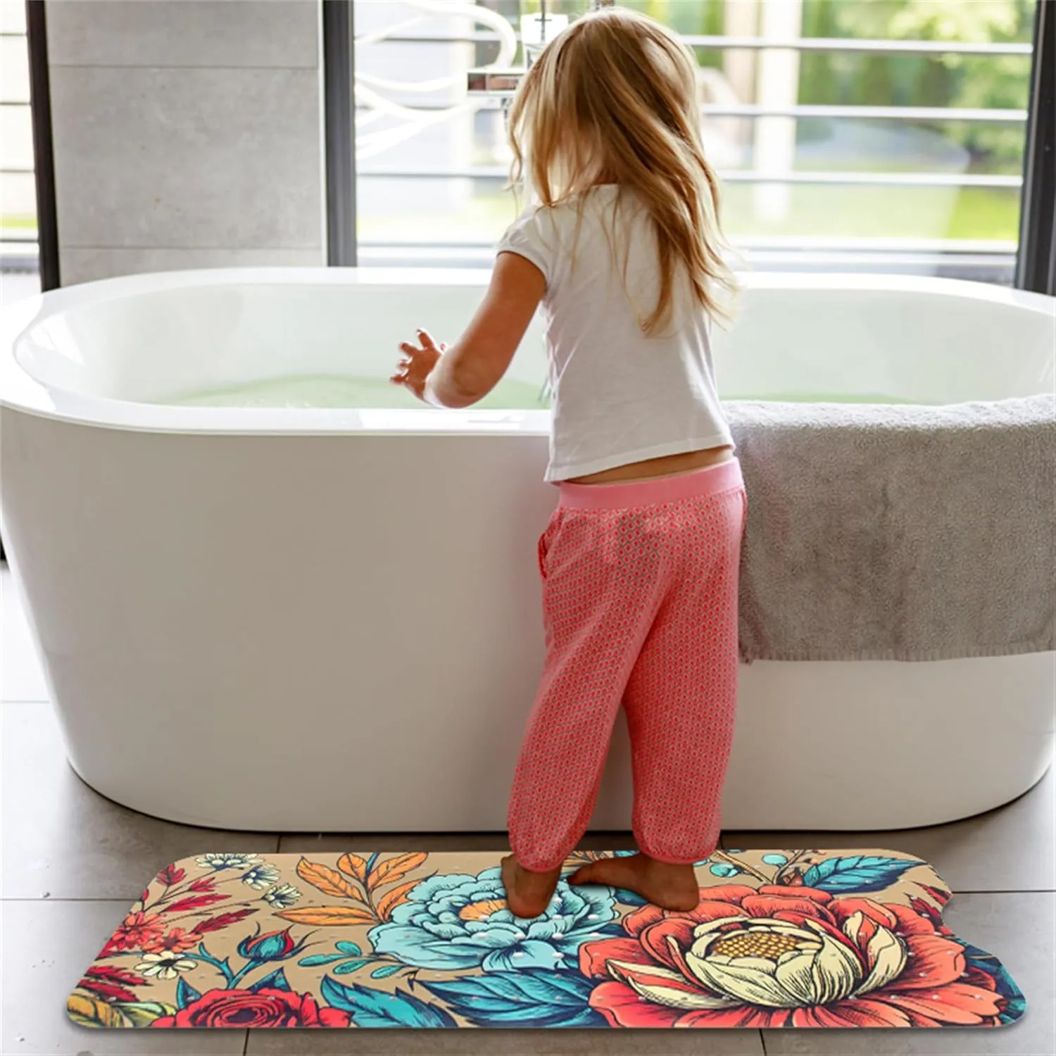 Bohemia Floral Bathtub Mat Non Slip for Kids 40x16in Extra Long Anti Slip Bath Mat for Tub Abstract Bath Shower Mat with Large Drain Holes and Suction Cups Quality Honeycomb Design Bathroom Decor