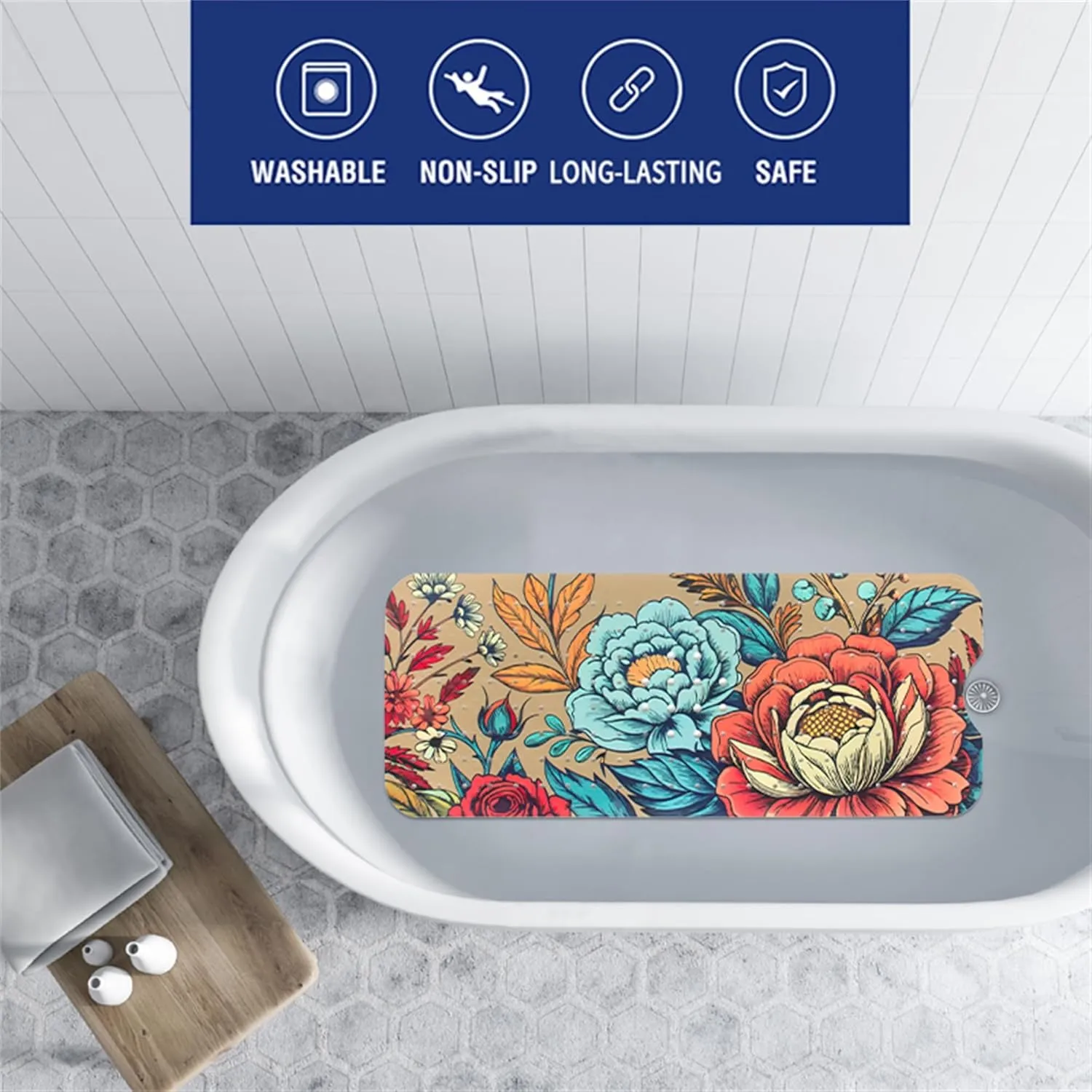 Bohemia Floral Bathtub Mat Non Slip for Kids 40x16in Extra Long Anti Slip Bath Mat for Tub Abstract Bath Shower Mat with Large Drain Holes and Suction Cups Quality Honeycomb Design Bathroom Decor