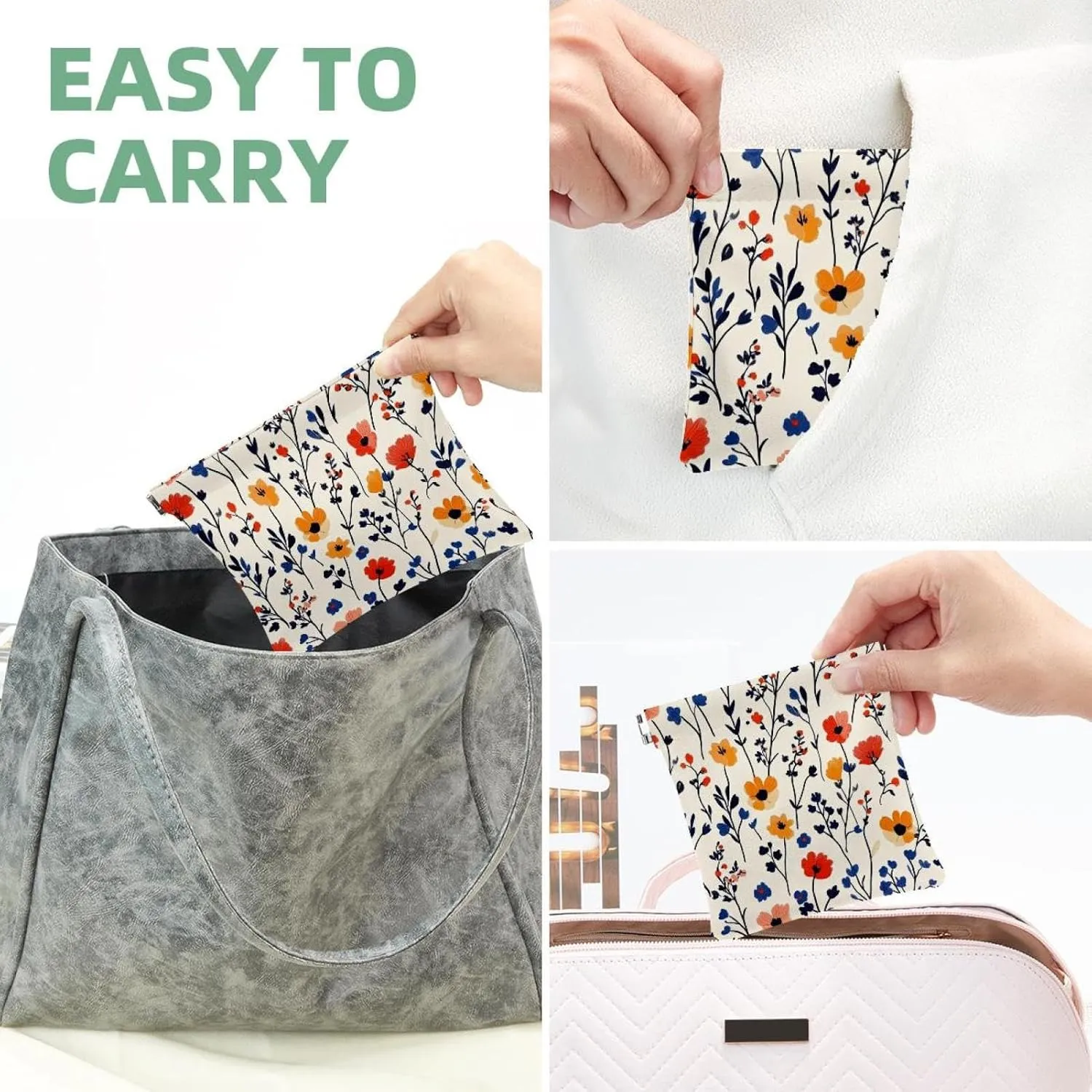Boho Small Florals Pocket Cosmetic Bag, Waterproof Squeeze Makeup Bag No Zipper Self-Closing, Portable Mini Travel Storage for Headphones Jewelry