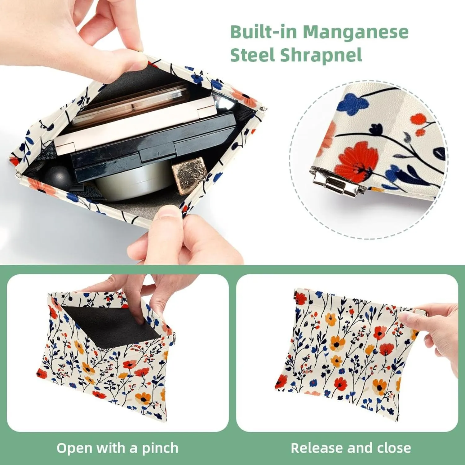 Boho Small Florals Pocket Cosmetic Bag, Waterproof Squeeze Makeup Bag No Zipper Self-Closing, Portable Mini Travel Storage for Headphones Jewelry