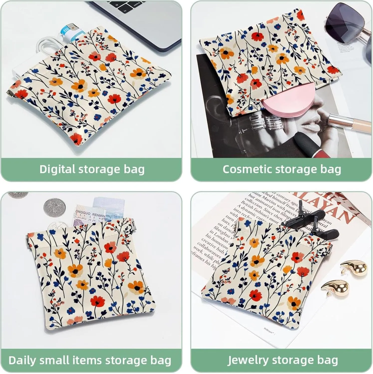 Boho Small Florals Pocket Cosmetic Bag, Waterproof Squeeze Makeup Bag No Zipper Self-Closing, Portable Mini Travel Storage for Headphones Jewelry