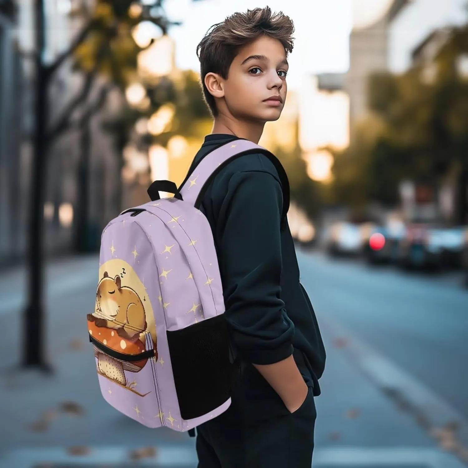 Boys Bookbag Sleep Copybara Backpack for Girls Aged 8-10Y Big Backpacks with Pocket 5th Grade Sturdy Elementary School Bag Adjustable Shoulder for Kids