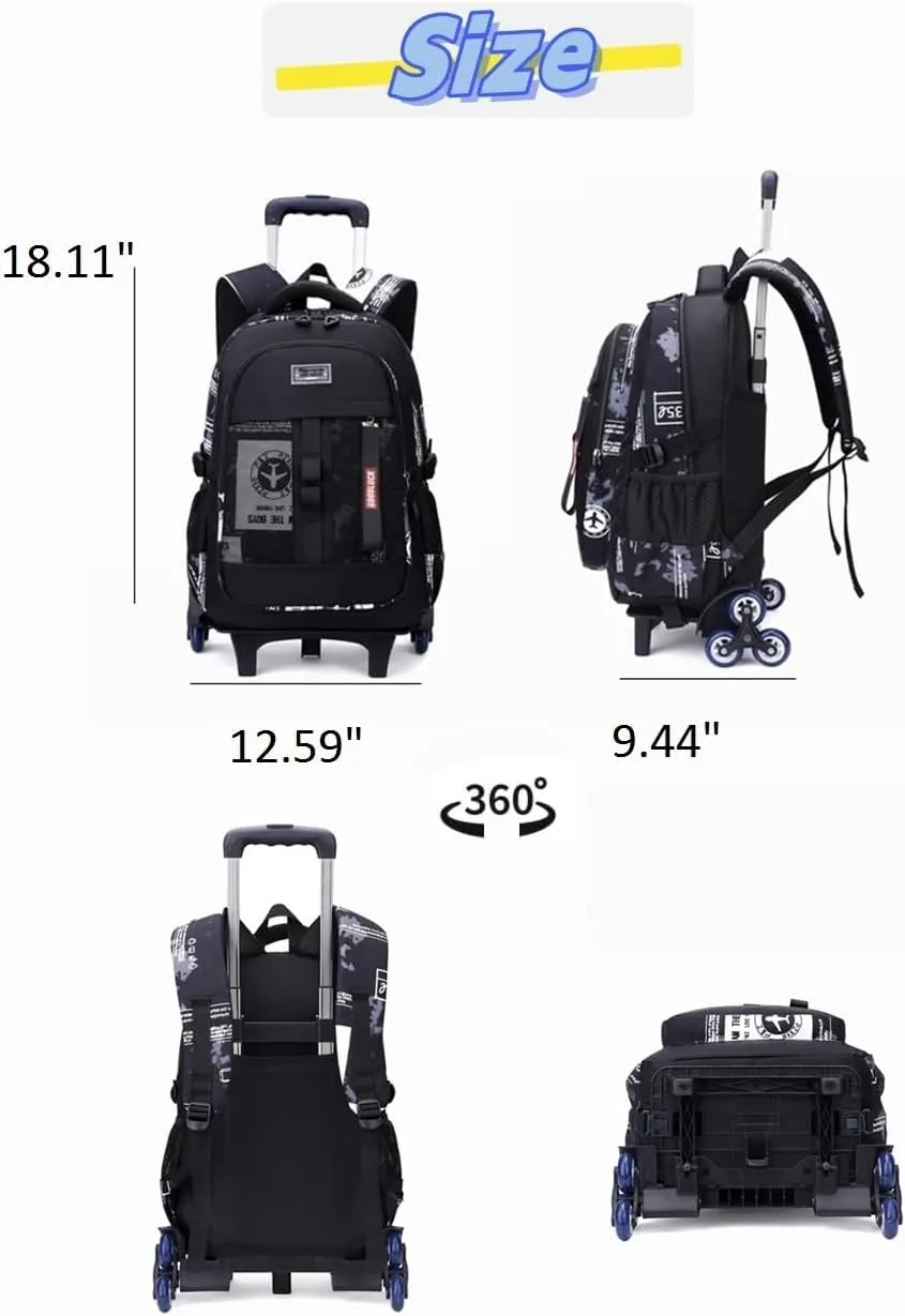 Boys Rolling Backpack Wheeled Backpack Kids School Bag with 6 Wheels Trolley Bookbag Black White