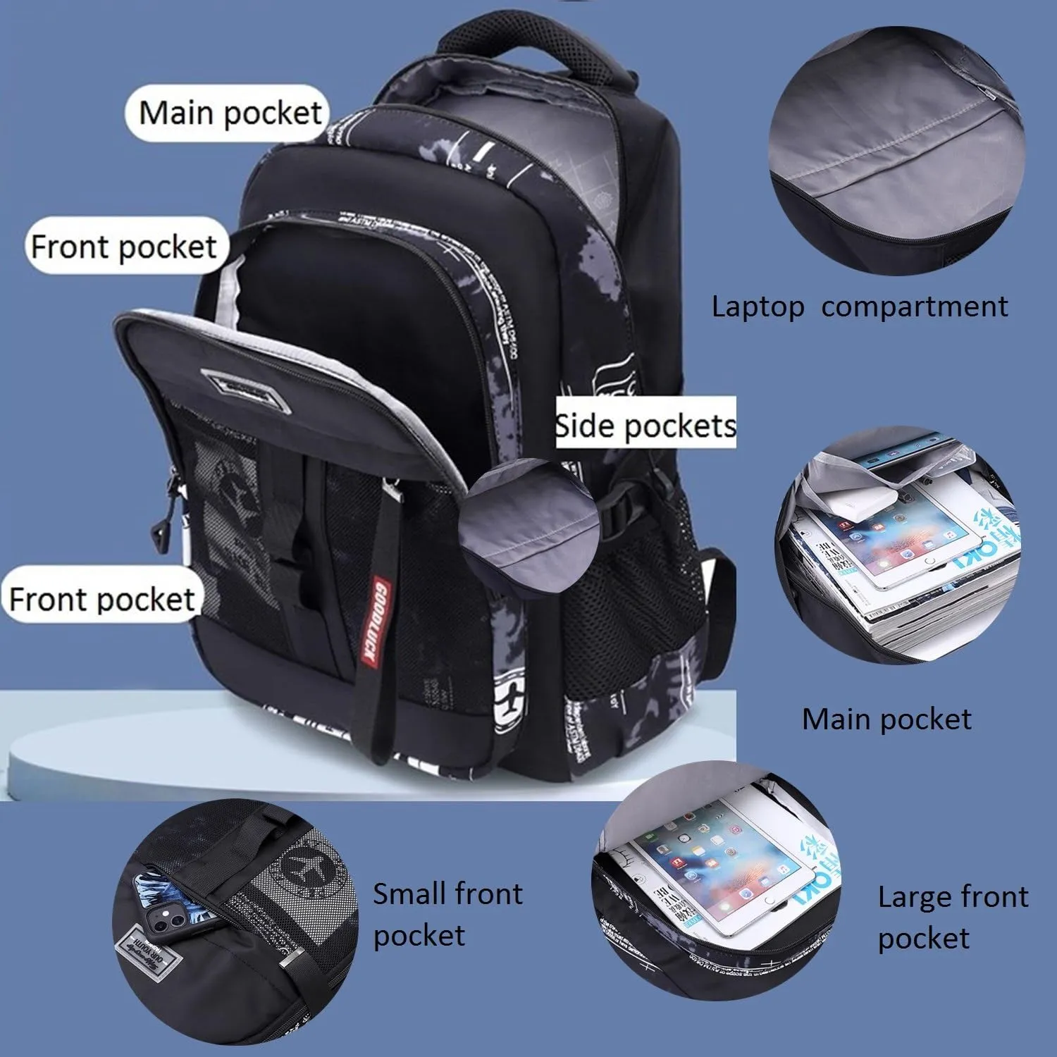 Boys Rolling Backpack Wheeled Backpack Kids School Bag with 6 Wheels Trolley Bookbag Black White