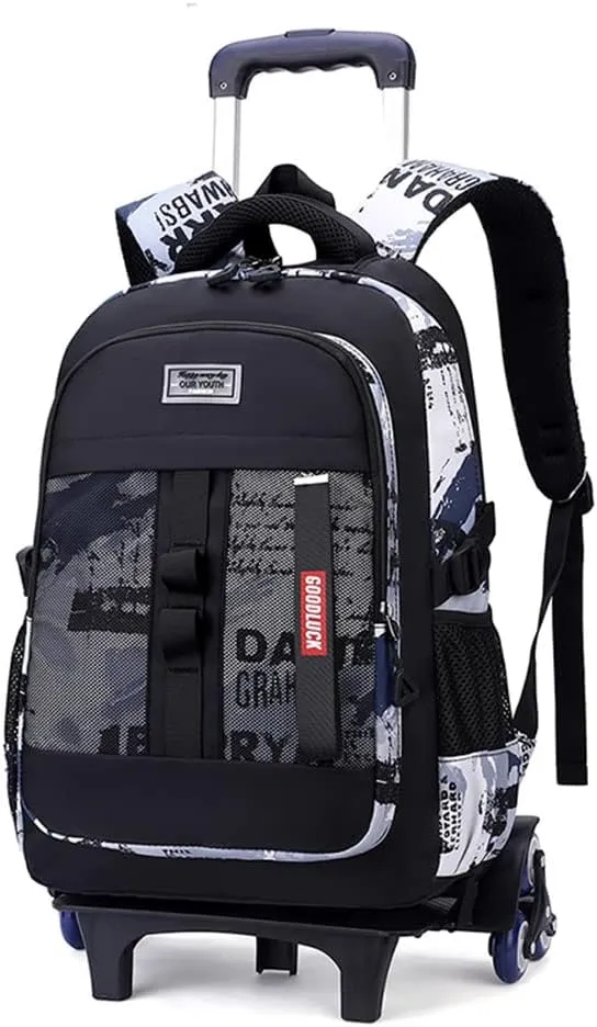 Boys Rolling Backpack Wheeled Backpack Kids School Bag with 6 Wheels Trolley Bookbag Black White
