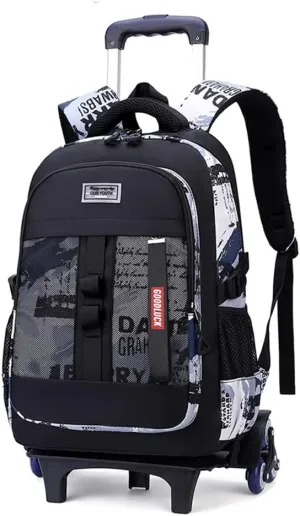 Boys Rolling Backpack Wheeled Backpack Kids School Bag with 6 Wheels Trolley Bookbag Black White