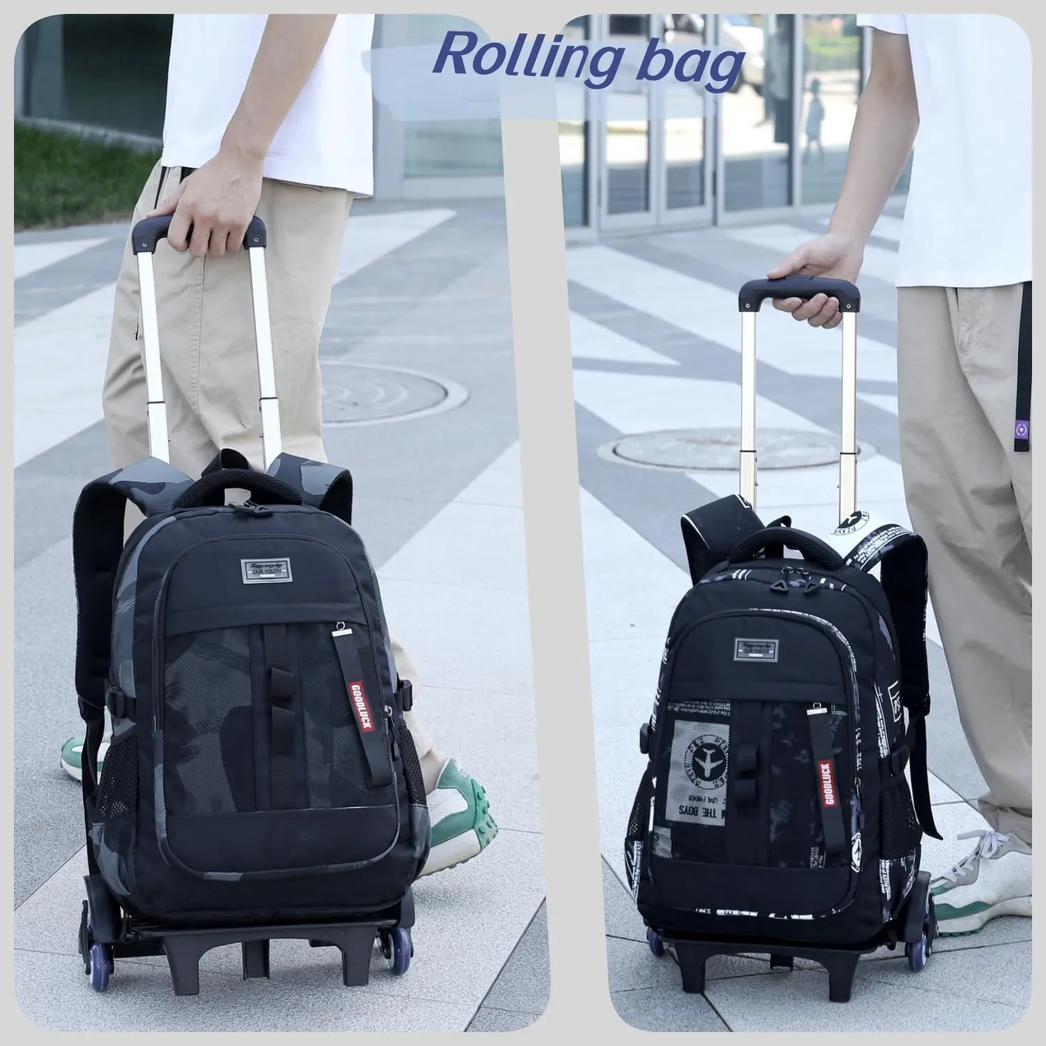 Boys Rolling Backpack Wheeled Backpack Kids School Bag with 6 Wheels Trolley Bookbag Black White